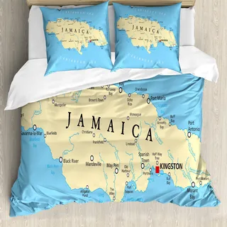 ABAKUHAUS jamaikanisch Bettbezug, Karibische Meer Tropic, Milbensicher Allergiker geeignet mit Kissenbezügen, 200 cm x 200 cm - 80 x 80 cm, Blassblau Beige Schwarz