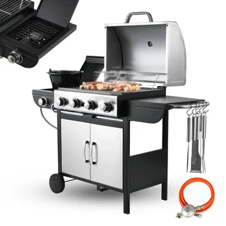 TLSUNNY 4+1 Brenner Gasgrill mit Seitenkochfeld, Grillwagen Gas Edelstahl | Gasgriller mit 2pcs Rad, Hochleistungsbrenner, Impulszünd, mit Thermometer, Große Grillfläche, Grillküche, 4*/2.93KW + 2.33KW