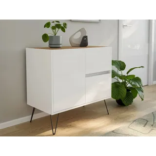 Posseik Sideboard Industrial C 2 Schubladen 1 Tür 80 cm Weiß Eiche Top