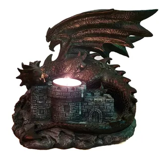 Kremers Schatzkiste XXL Teelichthalter Drache Burg - Drachenwächter Figur Gothic - Fantasy Deko - Kerzenhalter Mittelalter Skulptur Geschenk - 18x19x15 cm Polyresin