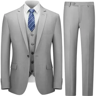 Cooper & Nelson Anzüge für Männer, Herrenanzüge Slim Fit, solide Jacke Weste Hose mit Krawatte, EIN-Knopf-Anzug-Set, Li Grey, Anzug 164, XL