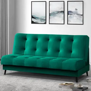 Schlafsofa Nancy Sofa mit Schlaffunktion Bettkasten Polstersofa aus Velour 195 cm Dreisitzer mit Holzbeine, Stoff: monolith 37 - flasches grün - Grün