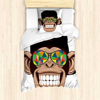 ABAKUHAUS Karikatur Mantele, Hipster AFFE Brille, Milbensicher Allergiker geeignet mit Kissenbezügen, 135 cm x 200 cm - 80 x 80 cm, Braun Schwarz Weiß - Braun