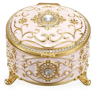 SUMTree Vintage Schmuckkasten mit Deckel Retro Schmuckschatulle aus Aluminium Runde Ringbox Beige Schmuckkästchen Schmuckbox Schmuckkoffer für Ohrringe von Damen Geschenk für Geburtstag (Klein)