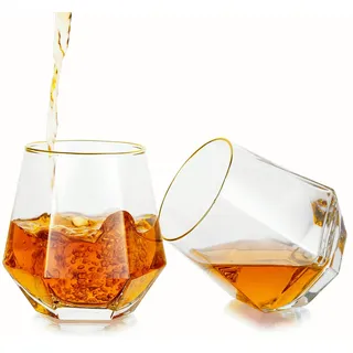 Hanobe Whisky Gläser Set Diamant, 2er-Set Whiskyglas Neigbar 10oz Goldrand