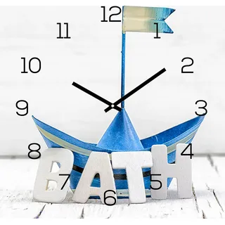 Wanduhr Alu-Dibond 30x30cm Uhr Alubild Uhr Bath Bad Maritim Blau Boot Aluminium - Blau