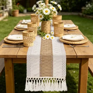 yuboo Boho-Kaffeetischläufer, kurz, klein, braun, Couchtischdecke, Kommodenläufer und Topper für Küche, Schlafzimmer, Nachttisch, Frühlings-Bauernhaus-Tischdekoration, 122 cm lang