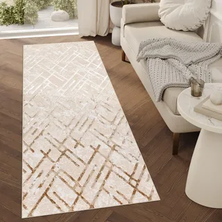 TAPISO Crystal Läufer Teppich Glänzend Gold Beige Creme Linien Figuren Zigzag Wohnzimmer Schlafzimmer Flur Korridor Modern Design ÖKO-TEX 100 x 300 cm