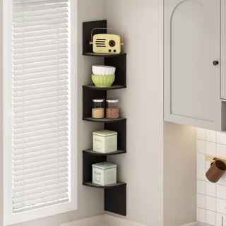 Furinno 5-Etagen Eckregal, Wandregal, Bücherregal, schwimmendes Regal zur Aufbewahrung und Präsentation für Wohnzimmer, Schlafzimmer und Büro, Französische Eiche/Schwarz