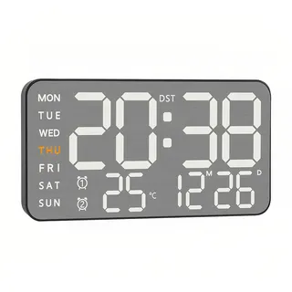 Lancoon Digitale LED Wanduhr mit Temperatur °C/°F Schalter Datum Woche Gebürstetes Metall 5 Helligkeitsstufen Einstellung 2 Alarmeinstellungen Snooze für Wohnzimmer Home