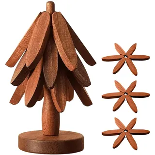 Holzuntersetzer Baumform, Topfuntersetzer Hitzebeständig, 3 Stück Topfuntersetzer Holz& 1 Aufbewahrt, Tannenbaum Untersetzer Holz Für Heiße Gerichte, Faltbare Hitzebeständige Pads Für Küchenpfannen