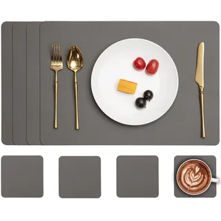 Myir JUN Tischsets Abwaschbar und Untersetzer, Platzset Leder Platzdeckchen Abwaschbar Doppelseitigen Tischsets Umkehrbares Tischset rutschfest Tischset Lederoptik (Grau, Satz von 4)