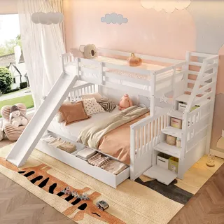Flieks Etagenbett 90x200cm, Kinderbett mit Rutsche, Hochbett mit Treppe, Jugendbett mit Lattenrost und 2 Schubladen, Massivholzbett Stockbett, Weiß - Weiß