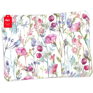 Tischsets | Platzsets abwaschbar – Wildblumen Aquarel – aus Premium Vinyl (Kunststoff – BPA-frei) - 4 Stück - 44 x 32 cm - rutschfeste Tischdekoration!