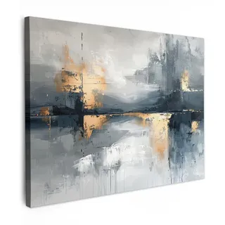 MuchoWow Leinwandbild Kunst - Grau - Gold - Abstrakt Wandbilder 80x60 cm , Dunkelgrau , Textil , Kiefer , Rechteckig , 80x60 cm , FSC 100% , gerahmt , Bilder & Rahmen, Bilder, Leinwandbilder
