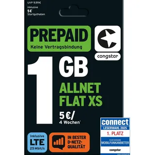 congstar Prepaid ALLNET XS SIM-Karte ohne Vertrag –1 GB im D-Netz Qualität für Wenigsurfer I 5G mit 25 Mbit/s, 5 € Startguthaben, Telefon & SMS Flat in alle dt. Netze, EU-Roaming inkl., ohne Vertrag.