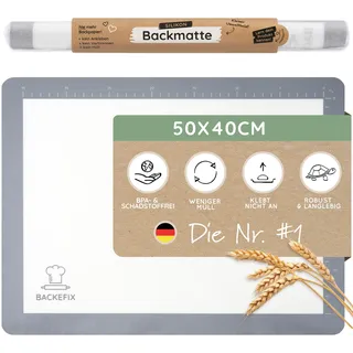 Backefix Silikon Backmatte 50×40 cm Grau – wiederverwendbare 2in1 Ausrollmatte und Teigunterlage zum Kneten, Formen und Teigarbeiten, Backen, antihaftend, spülmaschinenfest und frei von BPA & PFAS