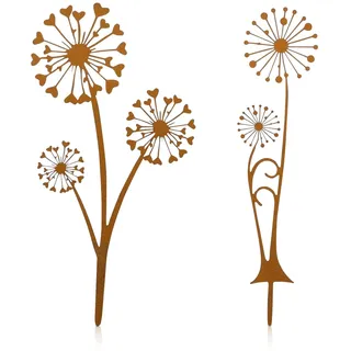 Komergave 2 Stück Gartendeko Rost für Draußen Pusteblume Gartenstecker Set 30cm Gartendeko Metall Rostdeko Blumenstecker Rost Deko Garten für Terrasse Balkon Blumentopf