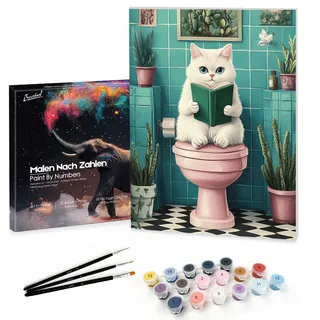 Bougimal Malen Nach Zahlen Erwachsene Tiere mit Rahmen inklusive Pinsel und Acrylfarben - 28 x 35 cm, Katze mit Buch