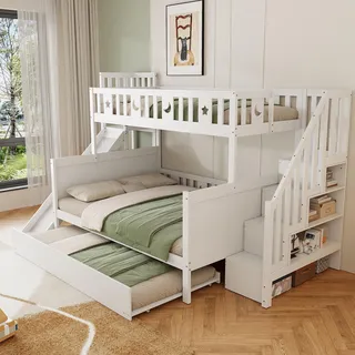 Merax Etagenbett 90x200cm/140x200cm mit Rutsche und Treppe, Hochbett mit Ausziehbett und Regale, Kinderbett mit Rausfallschutz und Lattenrost, Weiß - Weiß