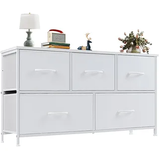 Sweetcrispy Kommode,Sideboard Wohnzimmer für Schlafzimmer mit 5 Stoffschubladen,Einstellbare Füße Schubladenschrank,Komodenschrank für Schlafzimmer,Modernes Weiß