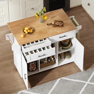 okwish Kücheninsel,Küchenwagen mit verstellbaren Regalen und 5 Rollen,Küchentisch mit klappbarer Arbeitsplatte,Sideboard mit Schubladen,Weiß - Weiß