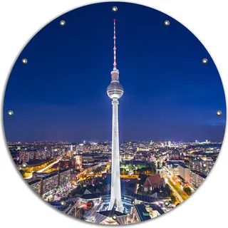 Wallario rundes Outdoor-Poster für Garten oder Balkon, Motiv Fernsehturm Berlin bei Nacht, 90 cm Durchmesser - Blau