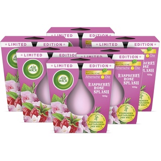 Air Wick Wohlfühl-Duftkerze im Glas – Duft: Raspberry Rose Splash – Je bis zu 20 Stunden Brenndauer – Enthält natürliche ätherische Öle – 6 x 105 g Duftkerzenset