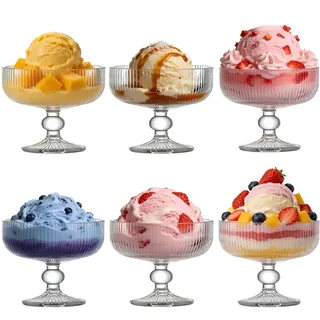 MYKAGS Gläser Set 6 Dessertschalen, Vintage Dessertschalen mit Streifenprägung und Glasfuß, für Eis, Snacks, Salat, Süßigkeiten und Kuchen