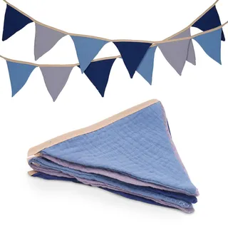 jijAcraft Wimpelkette Kinderzimmer Blau Grau, 1.9M Stoff Wimpelkette aus Musselin Baumwolle, Doppelseitig Stoffgirlande Kinderzimmer Deko Junge, Girlande Kinderzimmer für Fenster, Babyzimmer