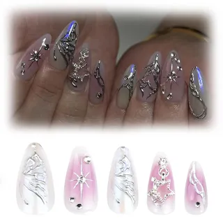 Zimocepuz French Mittelgroße Mandelförmige Press On Nägel,24 French 3D Schmetterling Silber Press On Nägel,Damen Alltagskleidung,Natürlich Wiederverwendbar
