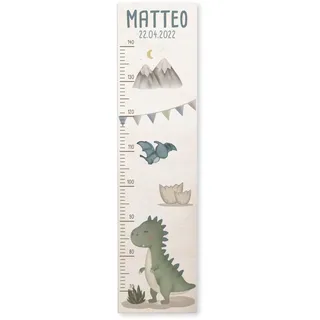 Personalisierte Messlatte für Kinder mit buntem Wunschdruck - 70-140 cm - Größenmesser Kinderzimmer aus Holz - Wand Dekoration Messleiste Kind - Personalisiertes Geschenk Baby- hellomini (T-Rex)