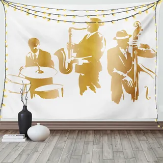 ABAKUHAUS Jahrgang Wandteppich, Jazz Band Blues Musik, Wohnzimmer Schlafzimmer Heim Seidiges Satin Wandteppich, 200 x 150 cm, Sandbraun Weiß - Braun