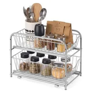 Songmics Küchen-Organizer, Küchenregal, Ordnungssystem, 2 Ebenen, stapelbar, erweiterbar, mit Metallkörben, für Küche, Badezimmer, taubengrau KCS017E01V1