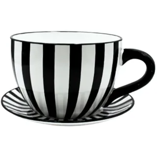 Dekohelden24 Blumentopf, Pflanztasse, Pflanzkübel, Pflanzgefäß, Blumenkübel, Pflanztopf. Übertopf als Tasse mit Griff aus Keramik, Motiv: Schwarz-Weiß-Gestreift, L/B/H 25 x 23 x14 cm.