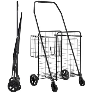 SucceBuy Zusammenklappbarer Einkaufstrolley mit zwei Körben, wasserabweisender Auskleidung und Rädern, 45,3 kg Tragfähigkeit, 64 + 10 L Fassungsvermögen für Einkäufe, Wäsche, Camping und Lebensmittel - Schwarz