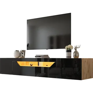 Hängender TV-Schrank mit LED-Beleuchtung - Mit Klapptür - 180 cm Wandregal - Schwarz - Schwarz