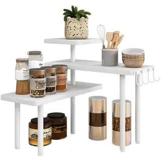 IBUYKE Gewürzregal,Eckregal mit 3 Ebenen,Küchen-Organizer,Weiß TLJ023W | Arbeitsplatten-Organizer Gewürzregal mit Haken Küchenregal verstellbare Ausrichtung Bad Schrank