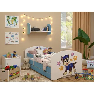 1x Happy Babies Kinderbett mit Rausfallschutz Junge 160x80 Bett für Kinderzimmer mit Schublade Matratze Einzelbett für Kinder Weiß Blau Hundemotiv - Blau