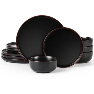 Richmount Mercury Geschirrset,12-teiliges teller set,Steingut Geschirr Set für 4 mit Speiseteller, Dessertteller, Müslischalen, Mikrowellen & Spülmaschinenfest, Matt-Schwarz