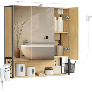 VASAGLE Spiegelschrank Bad mit Beleuchtung, 14,5 x 70 x 70 cm, Stecker, Hängekorb, Haartrockner-Halter, Spiegelschrank, Badschrank, Wandschrank, für Badezimmer, natureichenfarben BBK124Y01