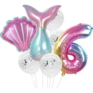 Set aus 7 Konfetti-Ballons Meerjungfrau Nummer 4, Regenbogenfarben, Folie und Latex, Höhe 81 cm