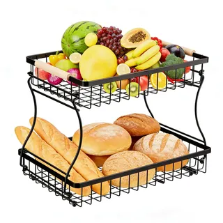 vinato Obstkorb, Obst Etagere 2 Stöckig mit Holzgriffen für Küche, Bad & Mehr – Obstständer, Gemüse & Küchenorganisation,Organizer Snack, Schwarz