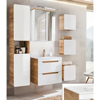 Badezimmermöbel Set inkl. 61 cm Keramik-Waschtisch LUTON-56 in Hochglanz weiß mit Wotan Eiche Nb., B/H/T ca. 160/200/46 cm - Weiß