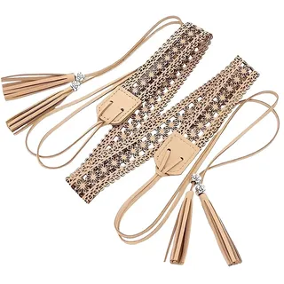 CALFOVERA Gewebter Geknoteter Taillengürtel Aus PU Leder Boho Quastenbund 169 x 2.85cm Vintage Böhmen Hohlgürtel Mit Wachsseil Western Ethno Makramee Bund Für Damen Kleider Röcke (Bisque)