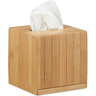 Relaxdays Kosmetiktücherbox quadratisch, Taschentuchbox Holz, Natur | Kosmetikbox Bambus, Tücherbox, HBT: 14 x 14 x 14 cm