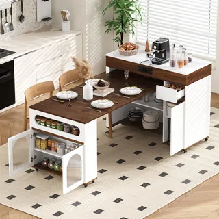 okwish Kücheninsel Ausziehbarer Esstisch - Erweiterbare Tischplatte Mit Rollen - Sideboard Klapptisch Mit Steckdosenleiste Für Küche Und Essbereich,MDF,Weiß - Weiß