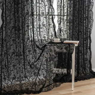 TUDECO Schwarze transparente Vorhänge, 213 cm lang, Shabby Chic, gestrickt, Florale Spitze, Privatsphäre, Goth/Hexe, dunkle Fenstervorhänge für Wohnzimmer, Stangentasche, französisches Dekor, 1 Paar