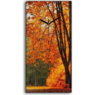 Wanduhr Bürouhr Leinwand Bild Geräuschlos 30x60 Gemälde Wald Bäume Herbst Natur - schwarze Hände - Orange