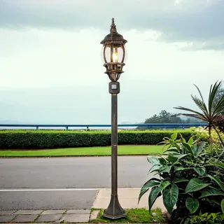 Licht-Erlebnisse Außenstehlampe mit Bewegungsmelder Aluminium Glas in Schwarz Kupfer IP44 Garten 123,5 cm klein E27 Rustikale Mastleuchte Außen BREST